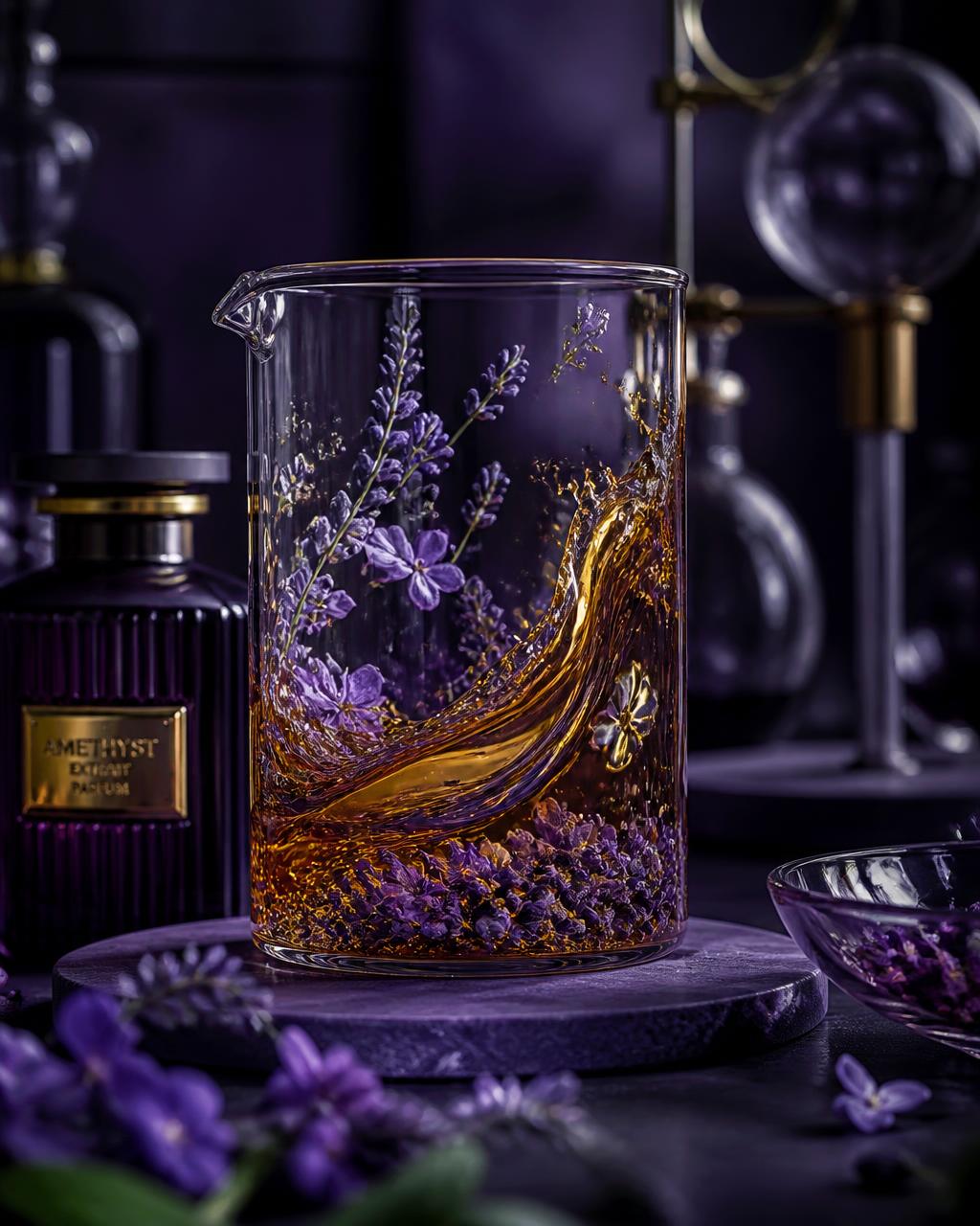 Amber perfume liquid swirling in a glass beaker with visible violet lavender petals