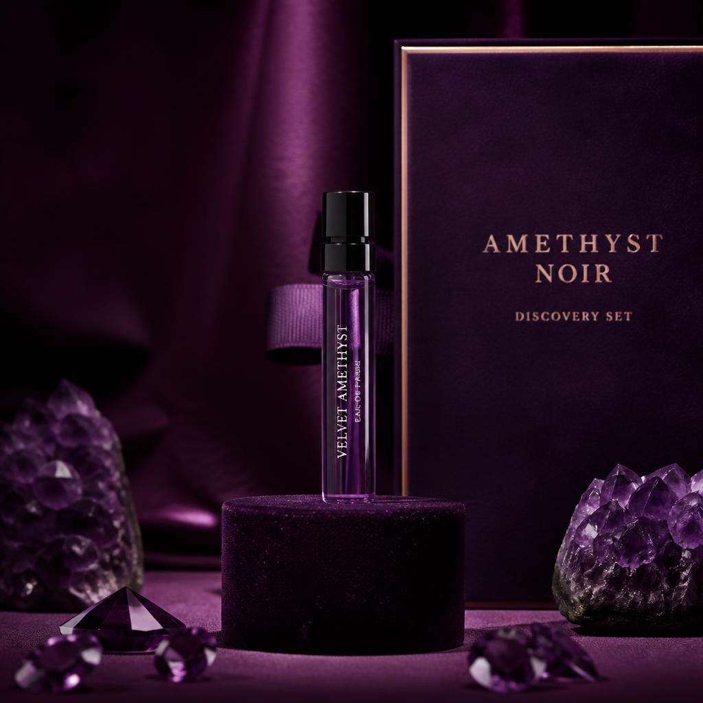 A small perfume sample vial displayed on a purple velvet pedestal