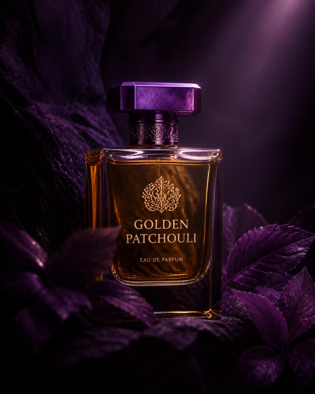 A perfume bottle emerging from dark violet shadows, its metallic purple cap catching the light
