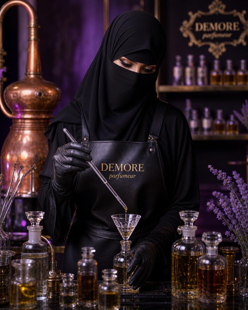 Demore perfumer in a black niqab blending fragrance oils in a violet-lit atelier