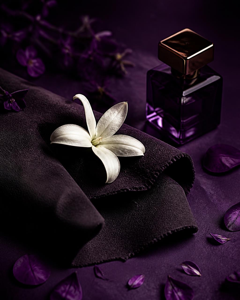 A jasmine flower resting beside a piece of soft dark leather on a deep violet background
