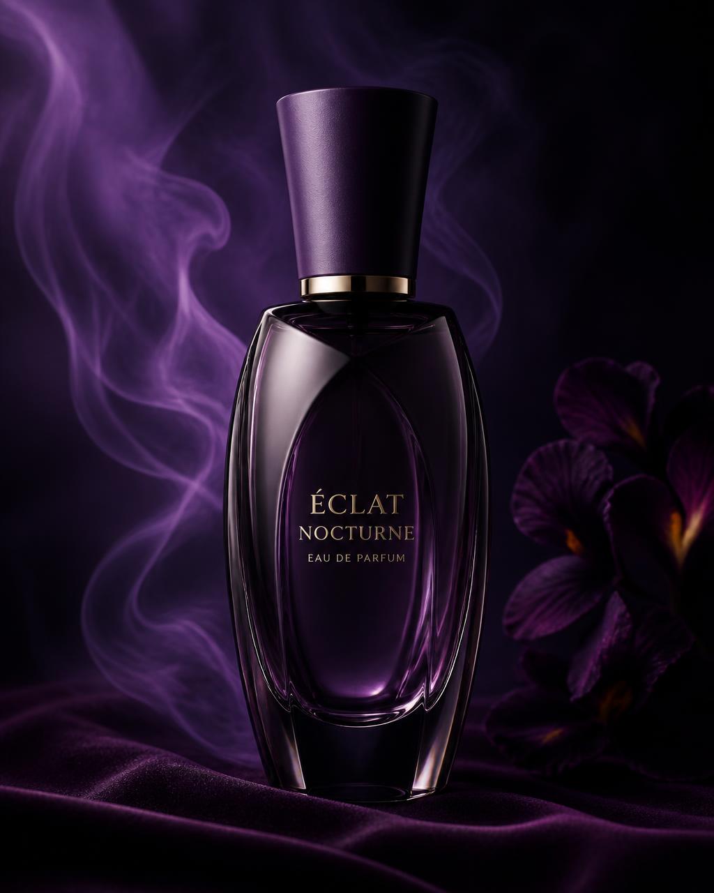 A tall sculptural dark glass perfume bottle with a matte purple cap, softly lit against a deep violet background